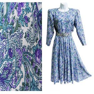 Vintage Prairie Dress Blue Purple Floral Fit Flare Long Sleeve Button Zip Back